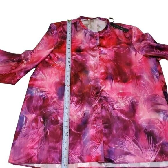 T Tahari Womens blouse Driya Pink Satin Printed Workwear Size XL snap button new - Picture 11 of 16